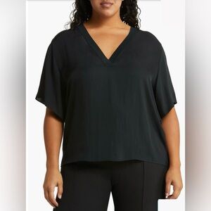 NEW Vince Women's Double V-Neck Popover Shirt Blouse 1X Black Wide Sleeves